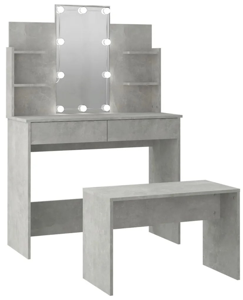 3114126 vidaXL Set măsuță de toaletă cu LED, gri beton, lemn prelucrat