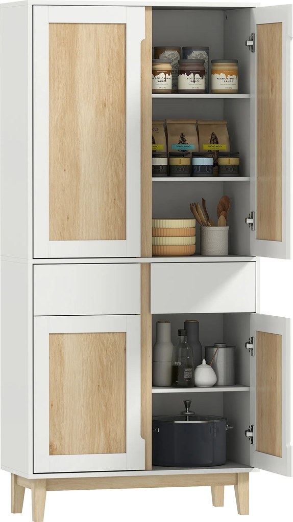 HOMCOM Bufet înalt de bucătărie, dulap de bucătărie cu 4 uși, 2 sertare și rafturi reglabile, 80x35x170cm, alb și stejar | Aosom Romania