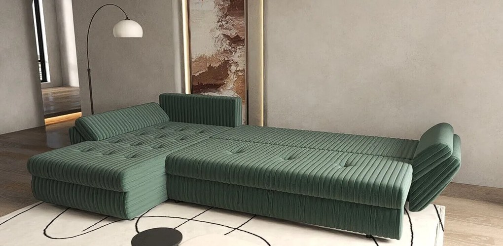 Colțar extensibil dumonde cu ladă de depozitare si sezut confortabil din spuma high-density, Loana XL Ambience Verde II 335x185 cm