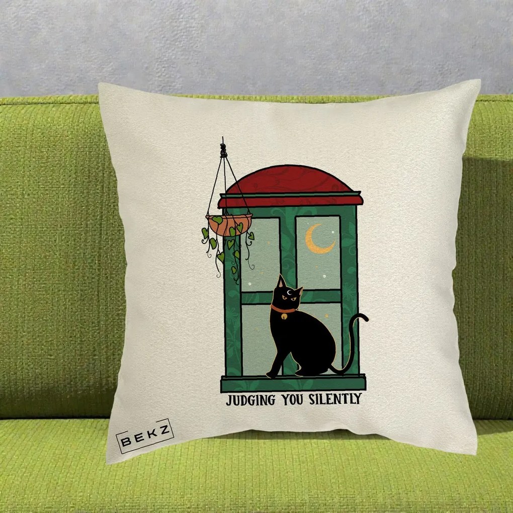 Perna Decorativa Judging You Silently Pisica Geam, 40x40 cm, Ecru, Husa Detasabila, Perna Inclusa, BEKZ®