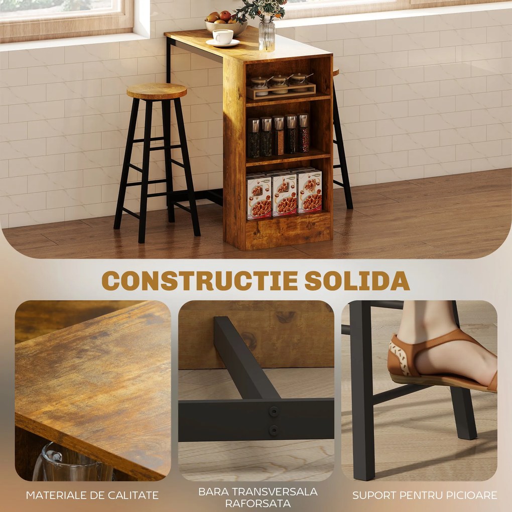 HOMCOM Set de Masă de Bar și Scaune cu Raft de Depozitare, 91x49x91 cm, Maro Rustic | Aosom Romania