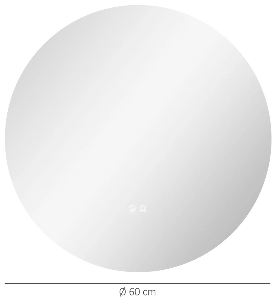 kleankin Oglindă rotundă luminoasă cu LED pentru baie Ø 60 cm pe perete cu iluminare comutator tactil sistem antiaburire 29 W argintiu | Aosom Romania