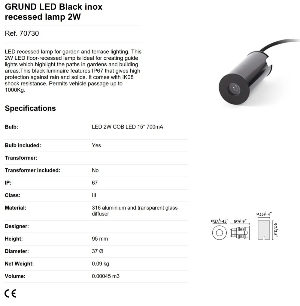 Spot LED incastrabil de exterior pavaj GRUND 2W inox negru