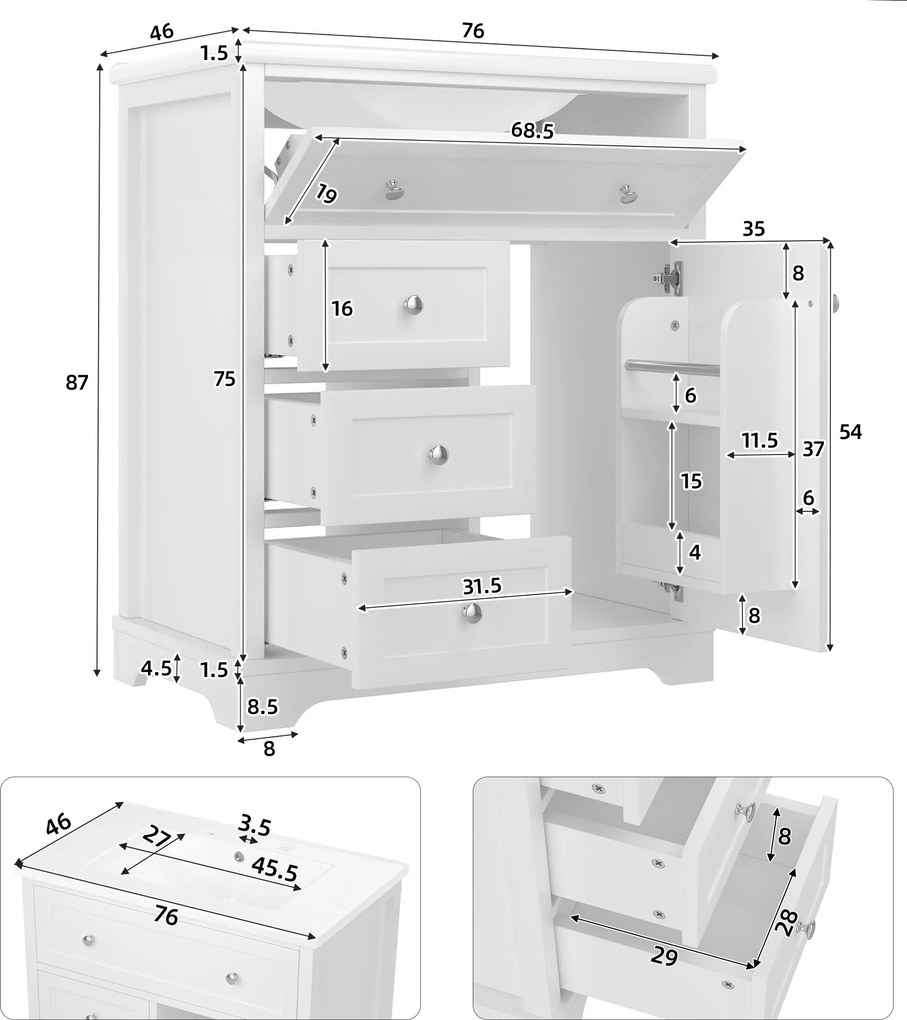Dulap de baie cu lavoar, 76x46x87 cm, Alb