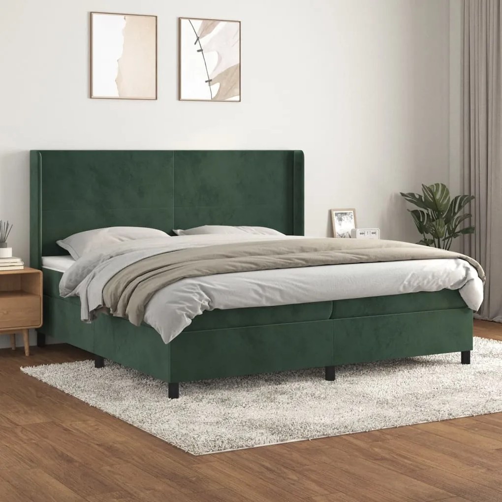 Pat box spring cu saltea, verde inchis, 200x200 cm, catifea Verde inchis, 200 x 200 cm, Design simplu