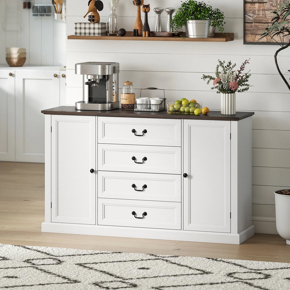 HOMCOM Credență de Bucătărie, Mobilier de Bucătărie cu 4 Sertare Soft Close, Blat Gros, Bufet cu Rafturi Reglabile, Stil Rustic, pentru Sufragerie, Sala de Mese, 147x40x87 cm, Alb | Aosom Romania
