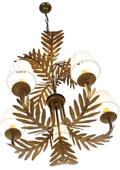 Candelabru auriu cu abajur plisat din material textil crem cu 5 lumini - Botanica