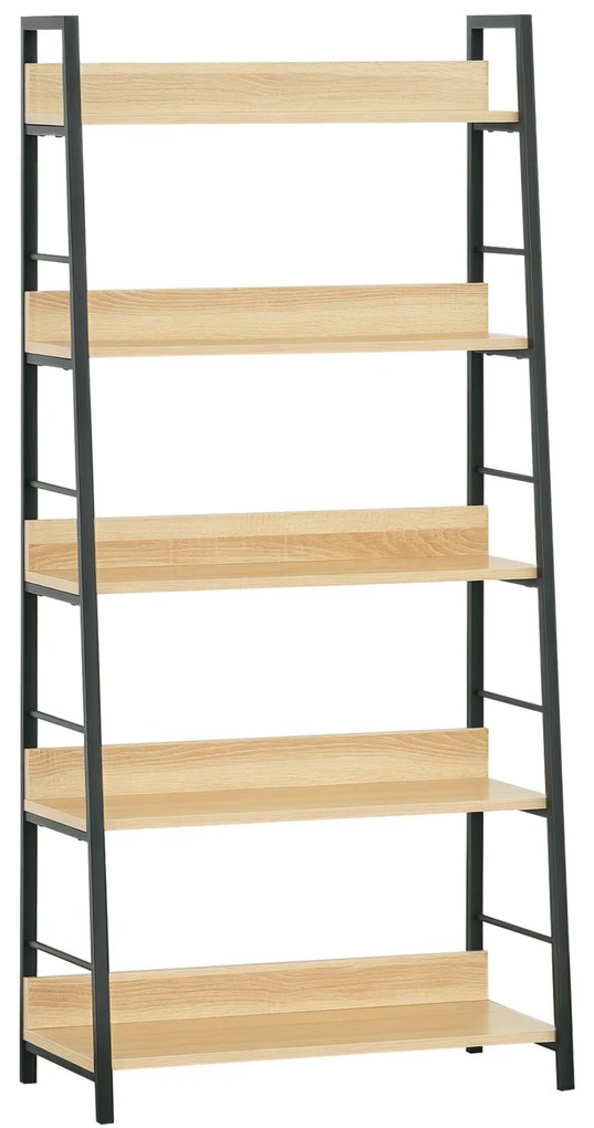 HOMCOM Bibliotecă bibliotecă de stil industrial înclinat 5 Niveluri 70L x 35l x 150H cm Culoare lemn stejar deschis Negru | Aosom Romania
