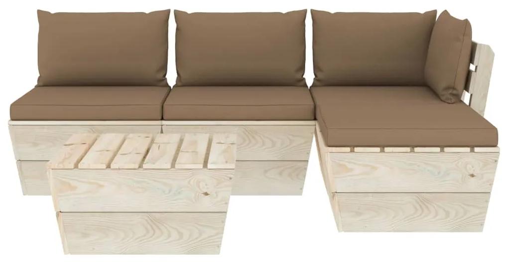 Set mobilier gradina din paleti cu perne, 5 piese, lemn molid Gri taupe, colt + 2x mijloc + masa + suport pentru picioare, 1