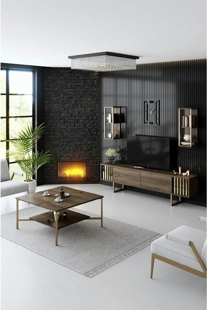 Mobilier living GOLD LINE, nuc/auriu, PAL melaminat/metal, 4 piese