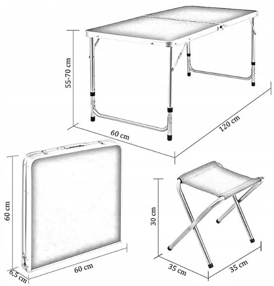 Masă de camping cu 4 scaune în alb