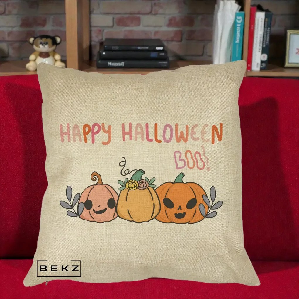 Perna Decorativa Happy Halloween Boo Trei Dovlecei Kawaii, 40x40 cm, Crem, Husa Detasabila, Perna Inclusa, BEKZ®