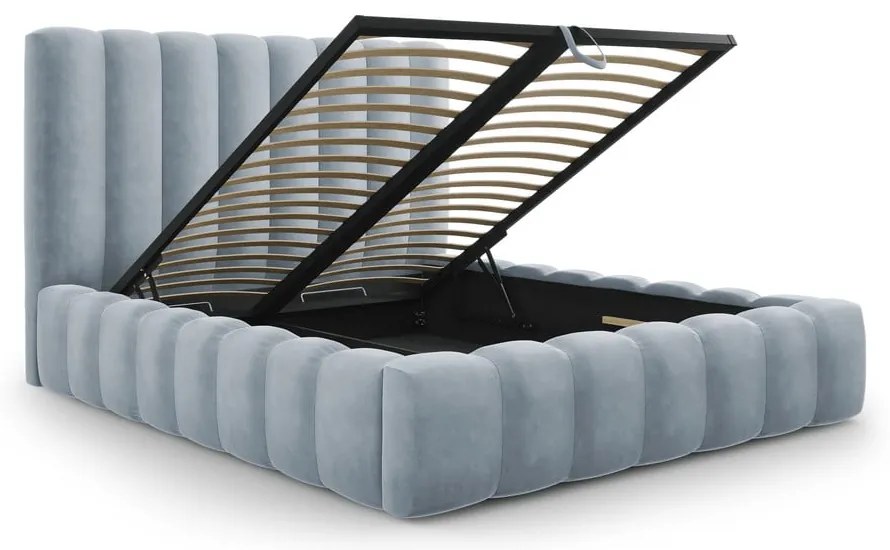 Pat dublu 200x200 cm albastru deschis tapițat cu spațiu de depozitare și somieră Kelp – Micadoni Home