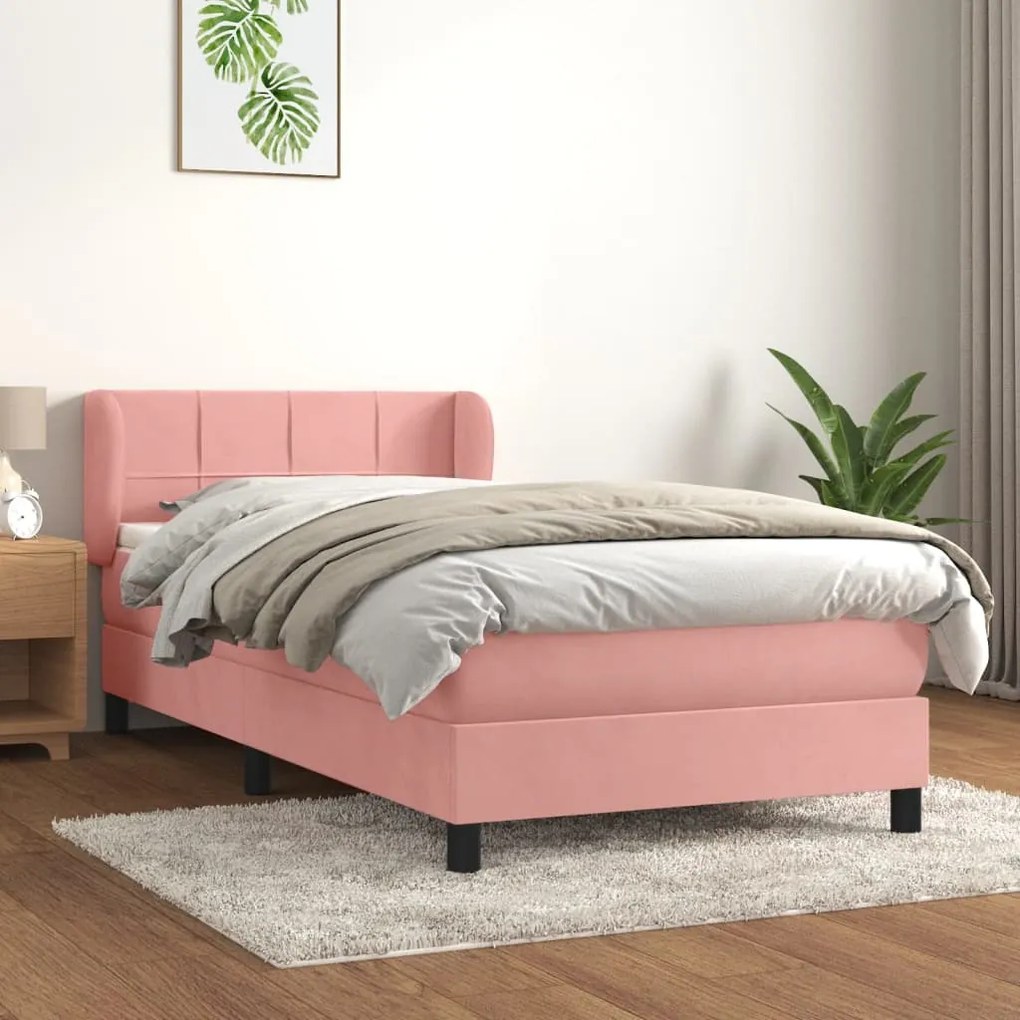 vidaXL Pat box spring cu saltea, roz, 90x190 cm, catifea