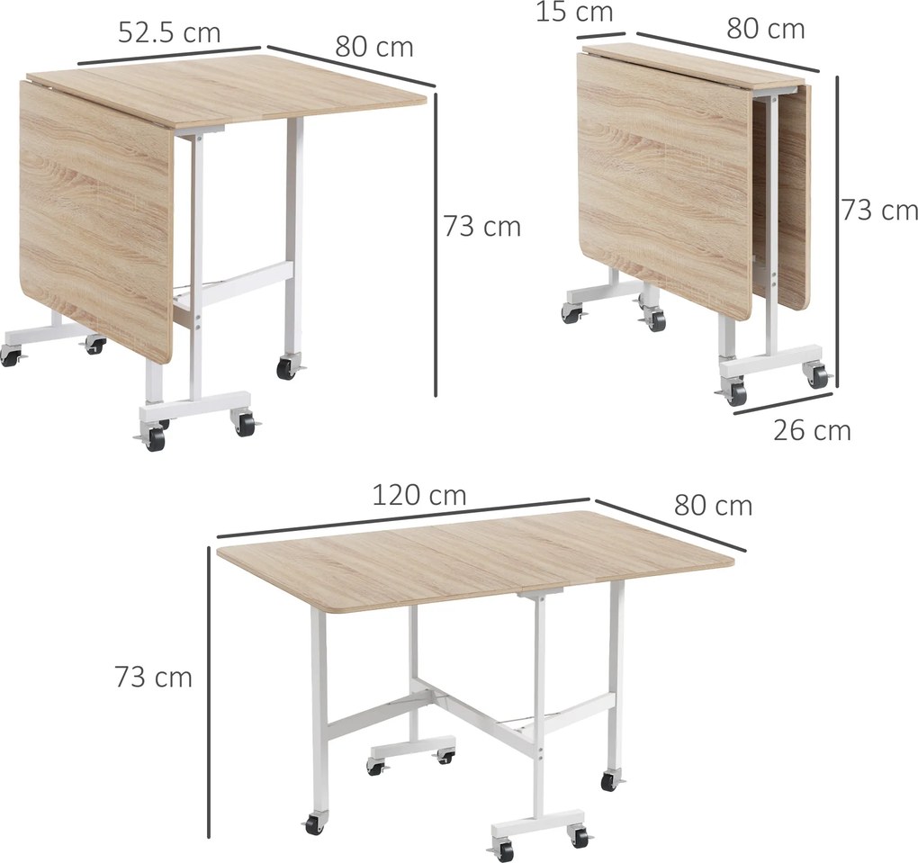Masă pliabila cu 2 foi cu roți, masă de economisire a spațiului pentru living și bucătărie din MDF și oțel, 120x80x73cm, maro HOMCOM | Aosom Romania