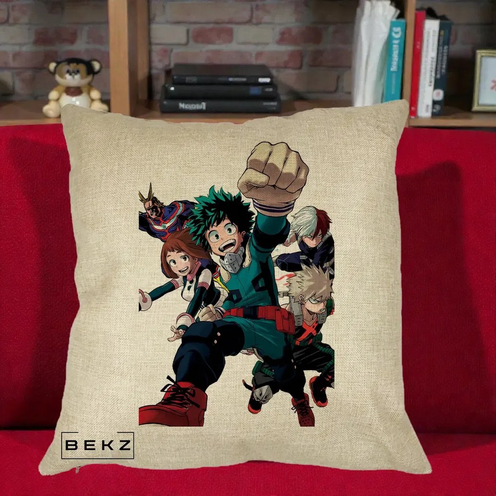 Perna Personalizata My Hero Academia Izuku Deku si Echipa, 40x40 cm, Crem, Husa Detasabila, Perna Inclusa, BEKZ®