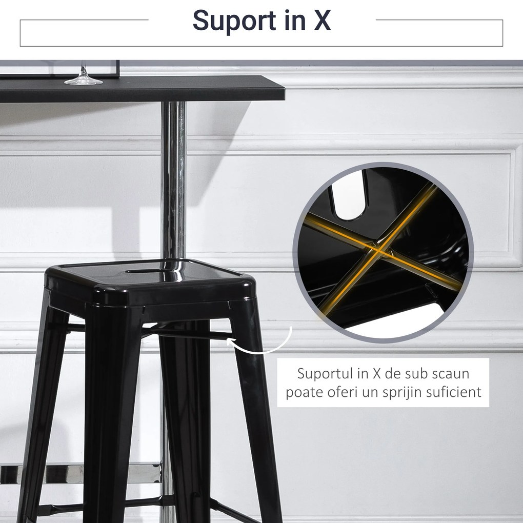 HOMCOM Set 4 Scaune de Bar din Metal cu Suport pentru Picioare Design Versatil pentru Interior/Exterior Negru 43x43x76 cm | Aosom Romania