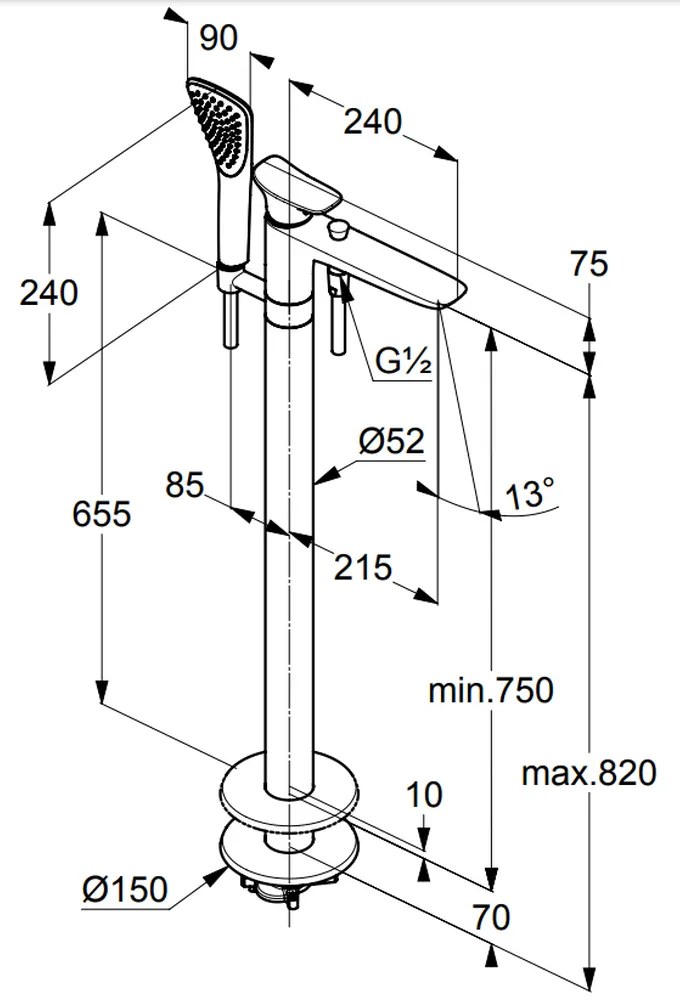 Baterie cada freestanding Kludi Amba crom lucios