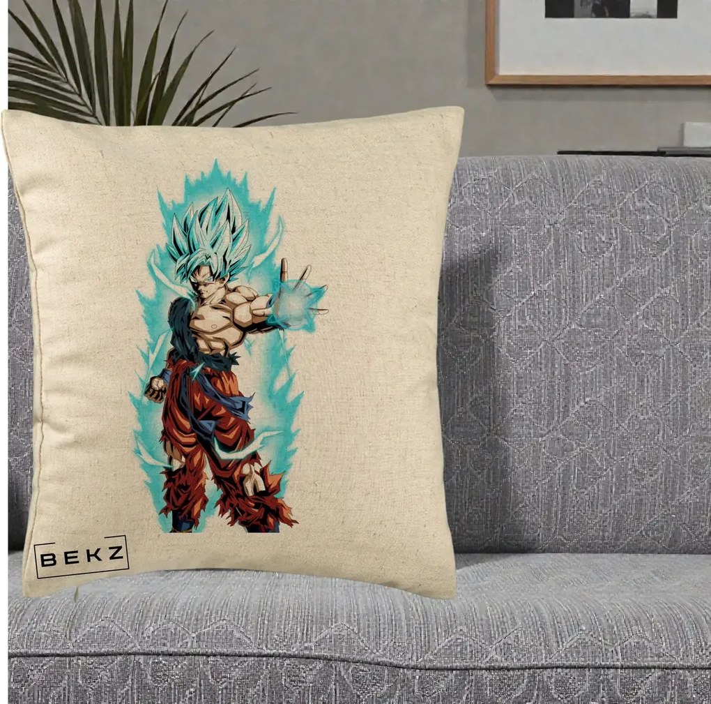 Perna Personalizata Dragon Ball Goku Ultra Instinct Blue, 40x40 cm, Bej, Husa Detasabila, Perna Inclusa, BEKZ®