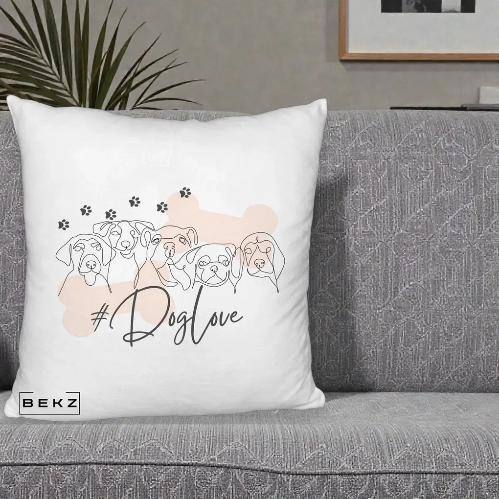 Perna Personalizata Dog Love Linie Minimalista, 40x40 cm, Alb Pufos, Husa Detasabila, Perna Inclusa, BEKZ®