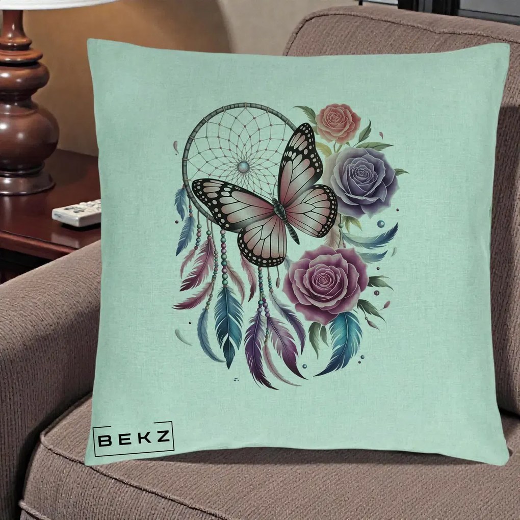 Perna Personalizata Prinzator de Vise cu Fluture si Trandafiri, 40x40 cm, Verde Menta, Husa Detasabila, Perna Inclusa, BEKZ®