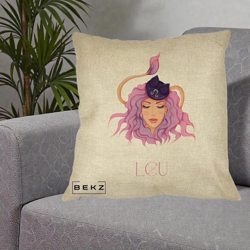 Perna Personalizata Zodie Leu, 40x40 cm, Crem, Husa Detasabila, Perna Inclusa, BEKZ®