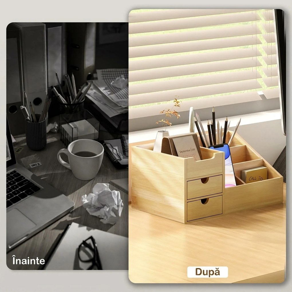 HOMCOM Organizator Birou cu 2 Sertare și 7 Compartimente din Bambus 33x20.5x15.5 cm | Aosom Romania