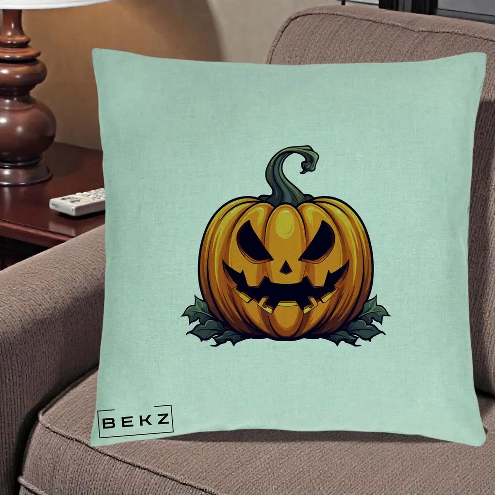 Perna Decorativa Halloween Jack-o'-Lantern Infricosator, 40x40 cm, Verde Menta, Husa Detasabila, Perna Inclusa, BEKZ®