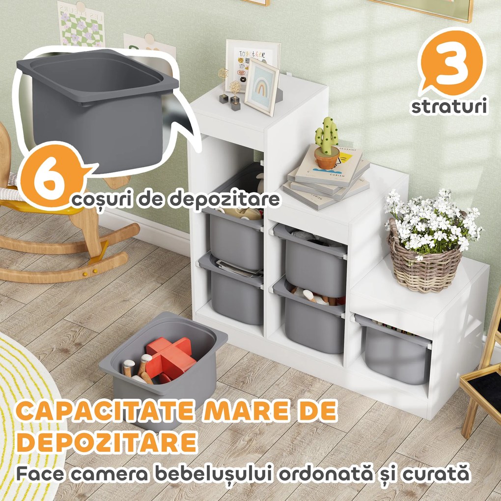 AIYAPLAY Raft Portabil pentru Jucării cu 3 Niveluri și 6 Coșulețe, Mobilier pentru Camera Copiilor, 96x38,5x90 cm, Gri | Aosom Romania