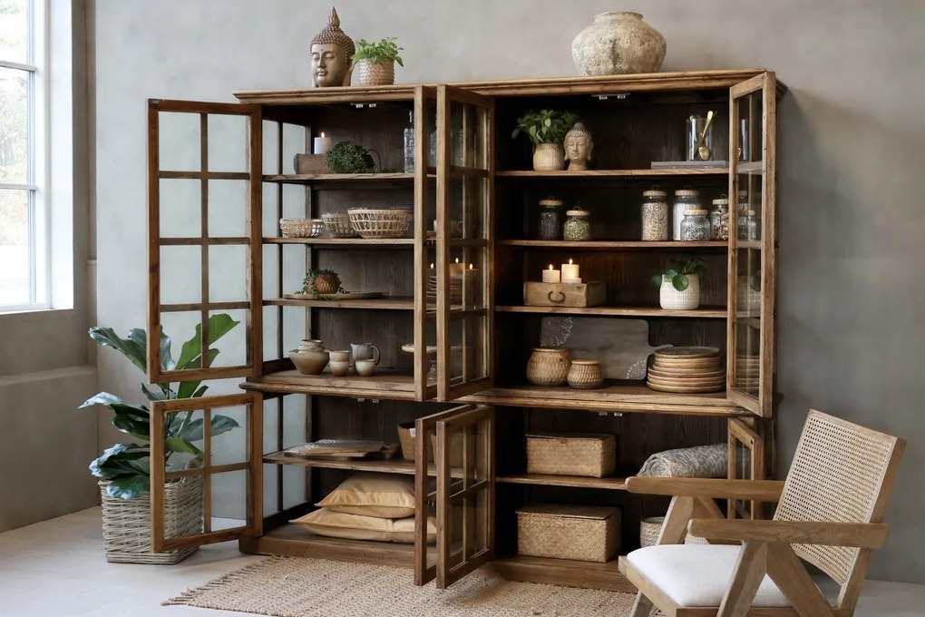 Vitrina din lemn masiv, cu 8 usi si rafturi, finisaj natural, Marseille