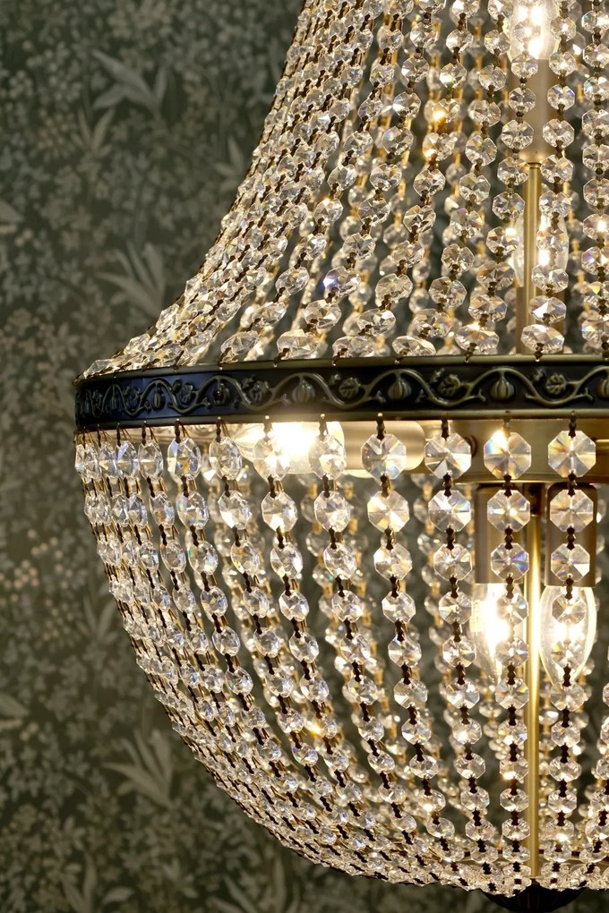 Candelabru francez din sticlă și fier, cu prisme din sticlă, finisaj alamă antichizată, H75 cm × Ø55 cm, „Versailles”