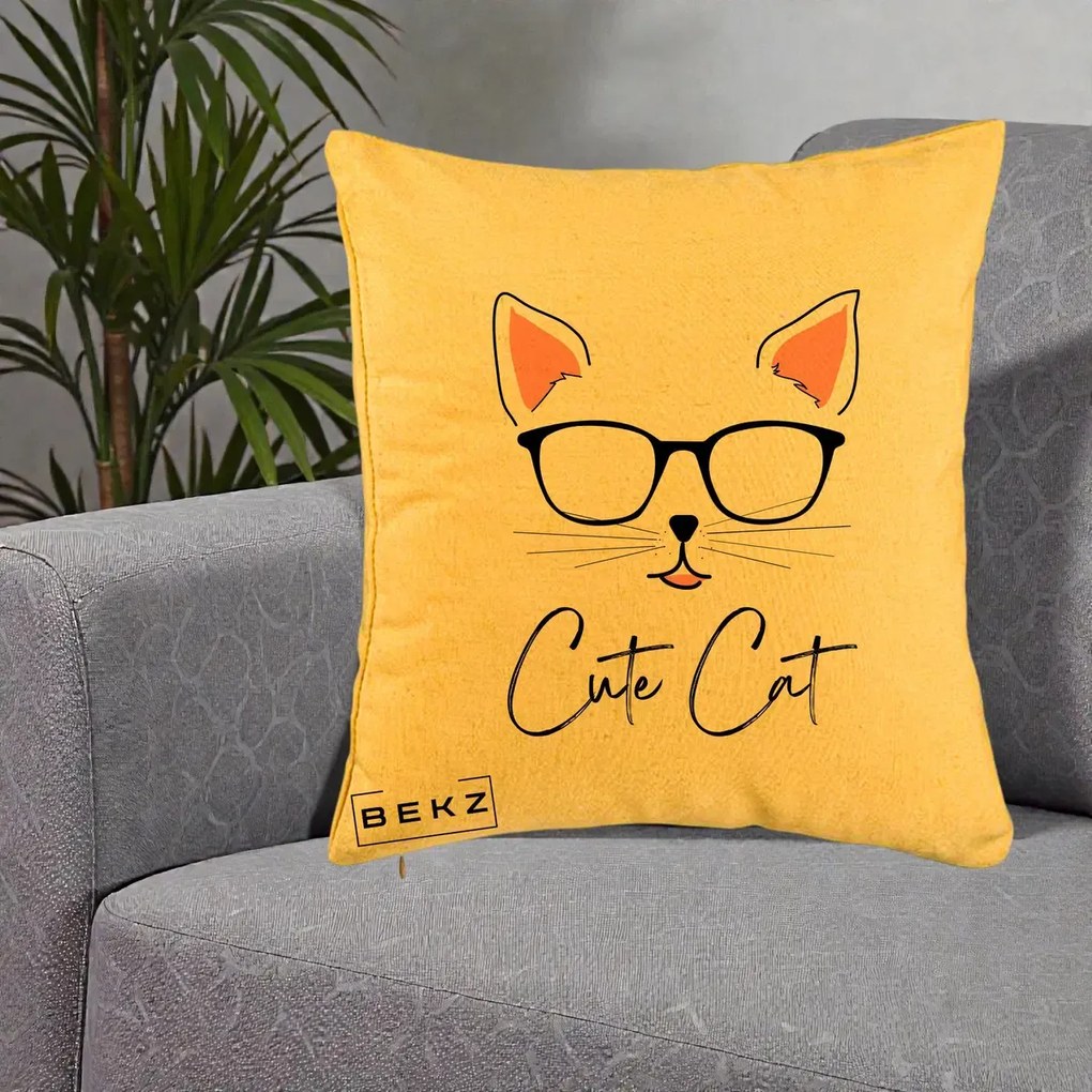 Perna Personalizata Cute Cat cu Ochelari, 40x40 cm, Galben, Husa Detasabila, Perna Inclusa, BEKZ®