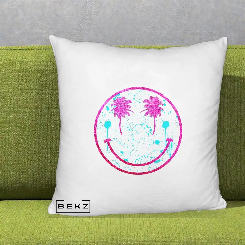 Perna Decorativa Smiley Face Tropical Glitter Roz, 40x40 cm, Alb Pufos, Husa Detasabila, Perna Inclusa, BEKZ®