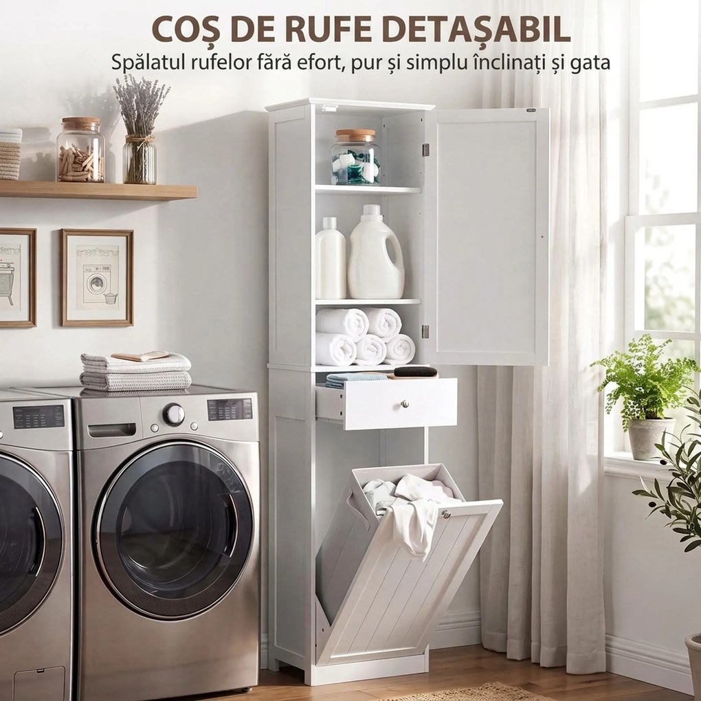 HOMCOM Dulap de baie tip coloană 180 cm cu coș de rufe rabatabil, alb | Aosom Romania