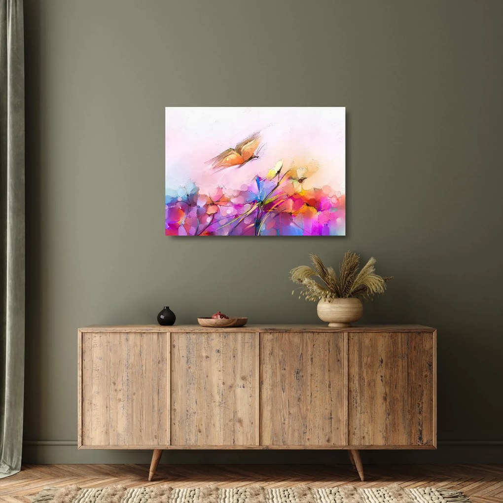 Tablou pe sticlă - Fluture asupra florilor, abstracție (70x50 cm)