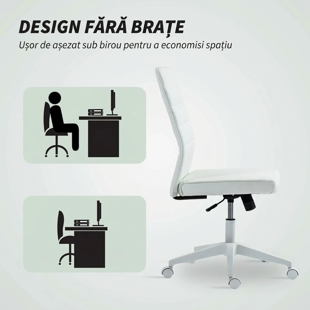 HOMCOM Scaun de Birou Ergonomic și Reglabil cu Spătar Curbat, din Piele PU și Oțel, 58x53x97-107 cm, Alb | Aosom Romania