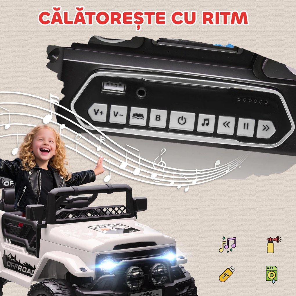 AIYAPLAY Off-road pentru Copii cu Faruri, Claxon, Centură și Telecomandă, în PP și Metal, 99x66x68.5 cm, Alb | Aosom Romania