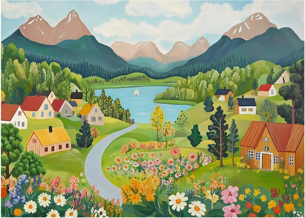 Tablou pe sticlă - Sat în Munți (70x50 cm)