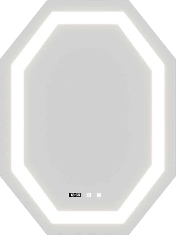 Oglindă lemn masiv LED cu termometru ceas și dezaburire 75x100cm