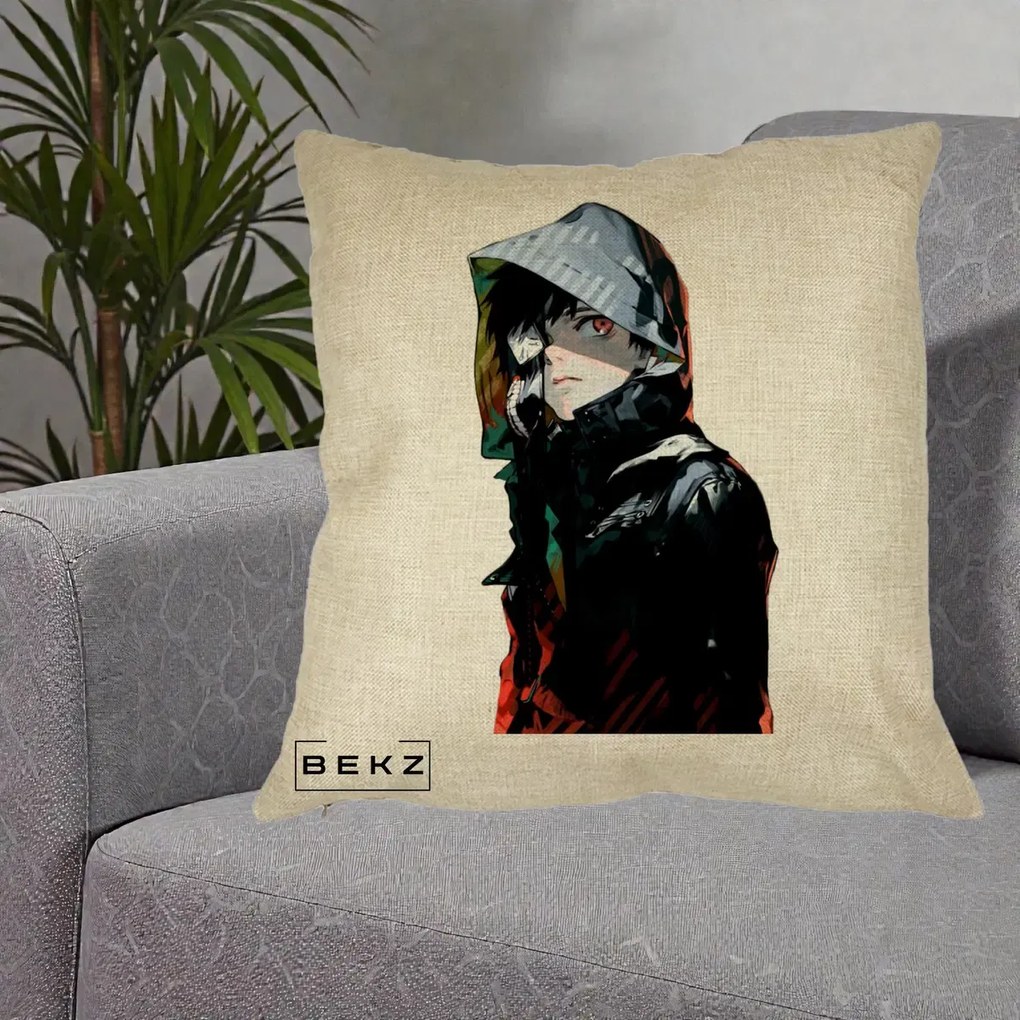 Perna Personalizata Tokyo Ghoul Ken Kaneki cu Masca si Gluga, 40x40 cm, Crem, Husa Detasabila, Perna Inclusa, BEKZ®