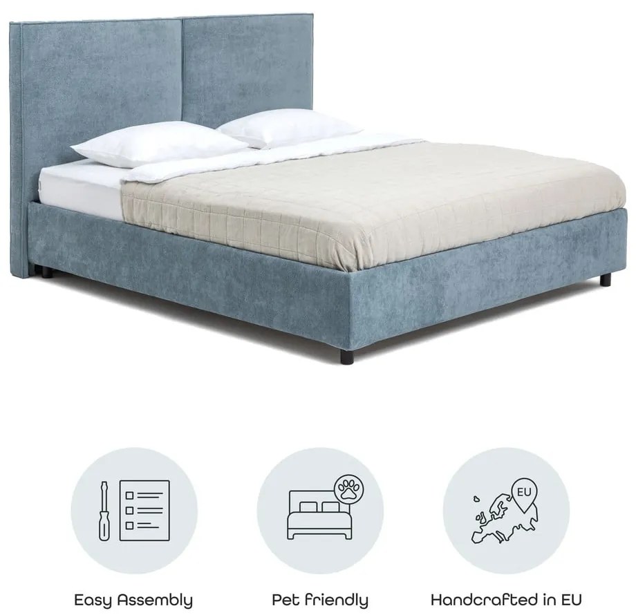 Pat matrimonial albastru tapițat cu spațiu de depozitare cu somieră 160x200 cm Myra Bold – Bonami Selection