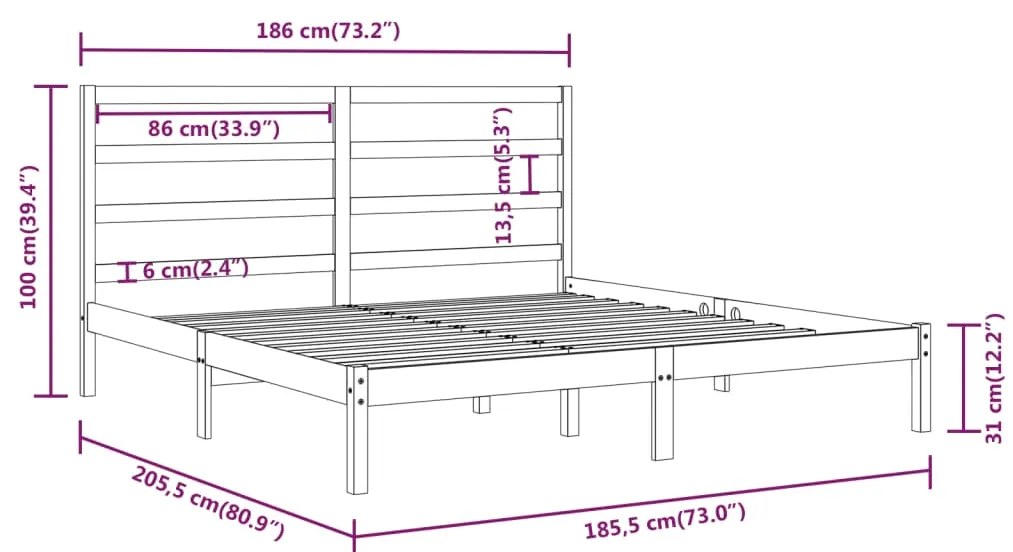 Cadru de pat Super King 6FT, gri, 180x200 cm, lemn masiv Gri, 180 x 200 cm