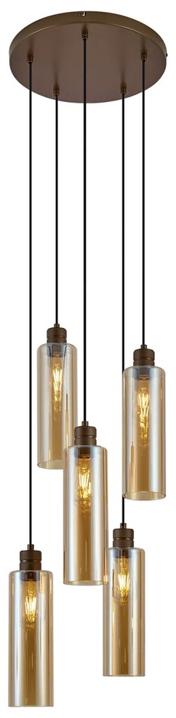 Lampă suspendată Hotel Chic bronz închis cu sticlă ambră 5 lumini - Stavelot