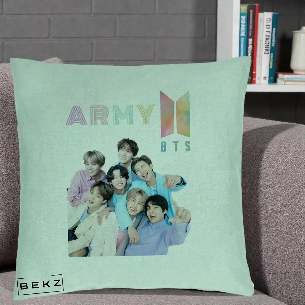 Perna Personalizata K-pop BTS ARMY Fotografie Grup Veseli, 40x40 cm, Verde Menta, Husa Detasabila, Perna Inclusa, BEKZ®