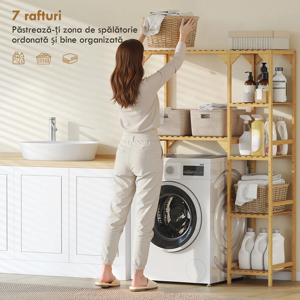 HOMCOM Mobilier deasupra mașinii de spălat din bambus cu 7 rafturi reversibile, spațiu economisitor, pentru depozitare și organizare, pentru baie și spălătorie, 100x40x157 cm, culoare lemn | Aosom Romania