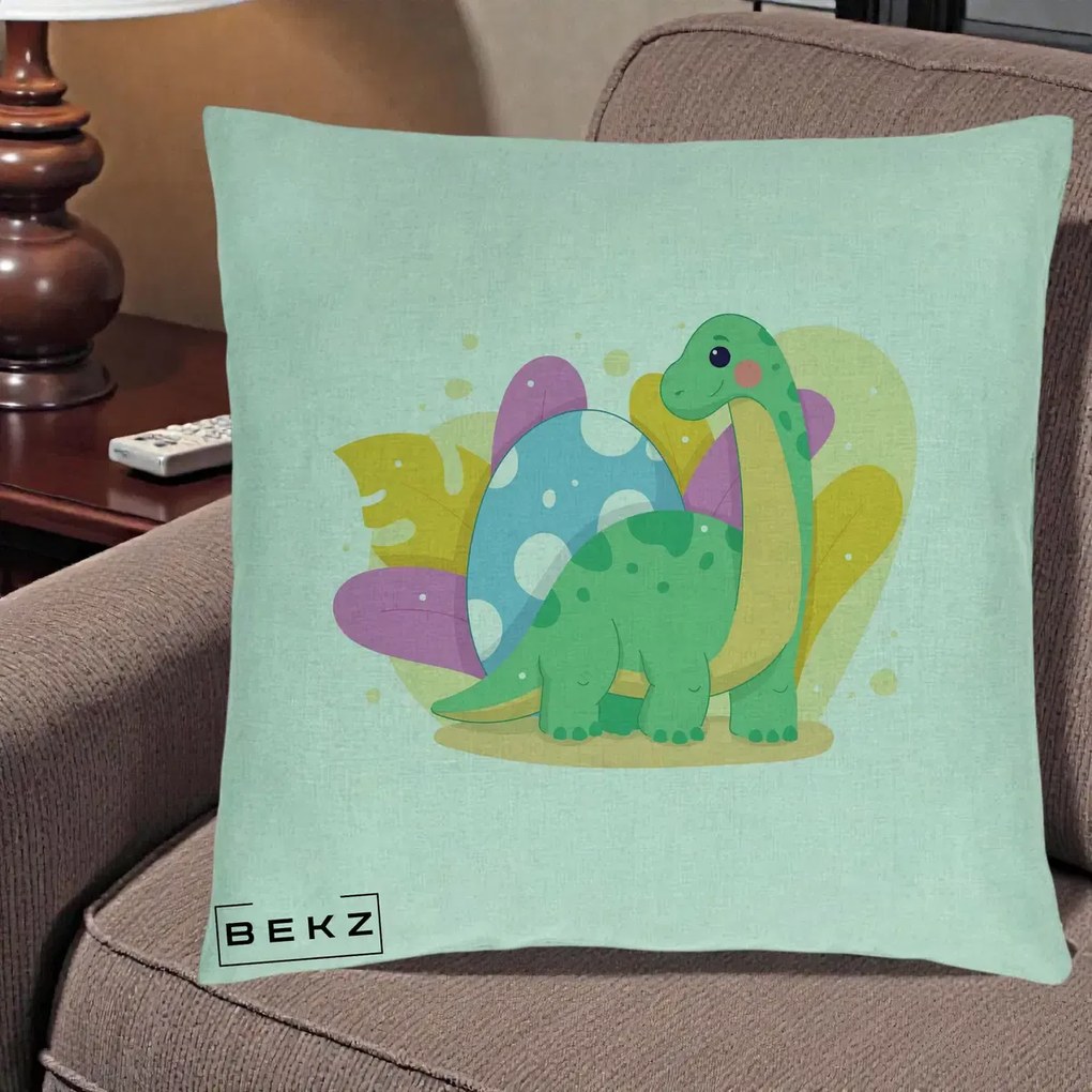 Perna Personalizata Dinozaur cu Ou Pastelat, 40x40 cm, Verde Menta, Husa Detasabila, Perna Inclusa, BEKZ®