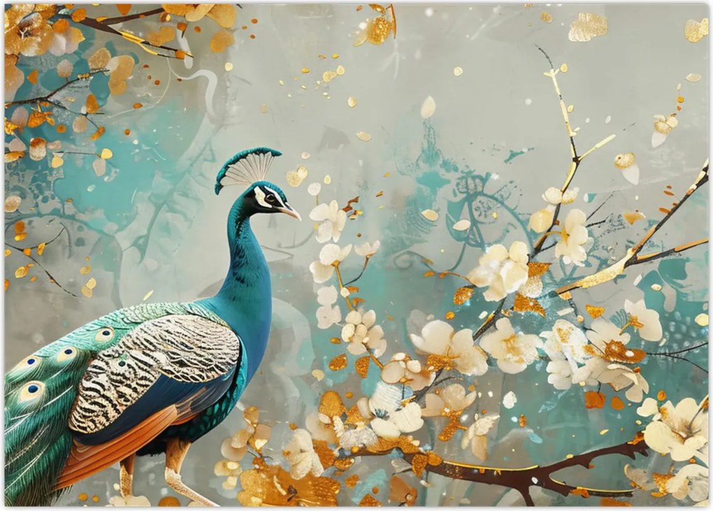 Tablou - Păun cu decor de aur (70x50 cm)