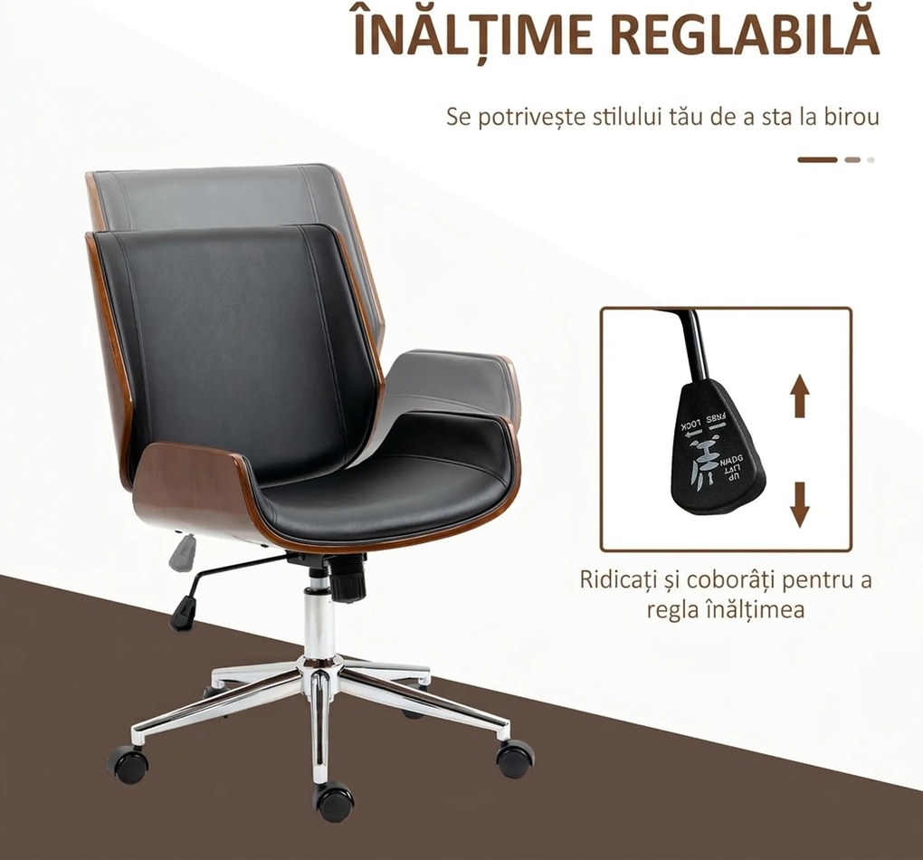 Vinsetto Scaun de birou Vintage, căptușit, din piele ecologică, lemn și oțel, 53x60x86-96 cm, negru și maro închis | Aosom Romania