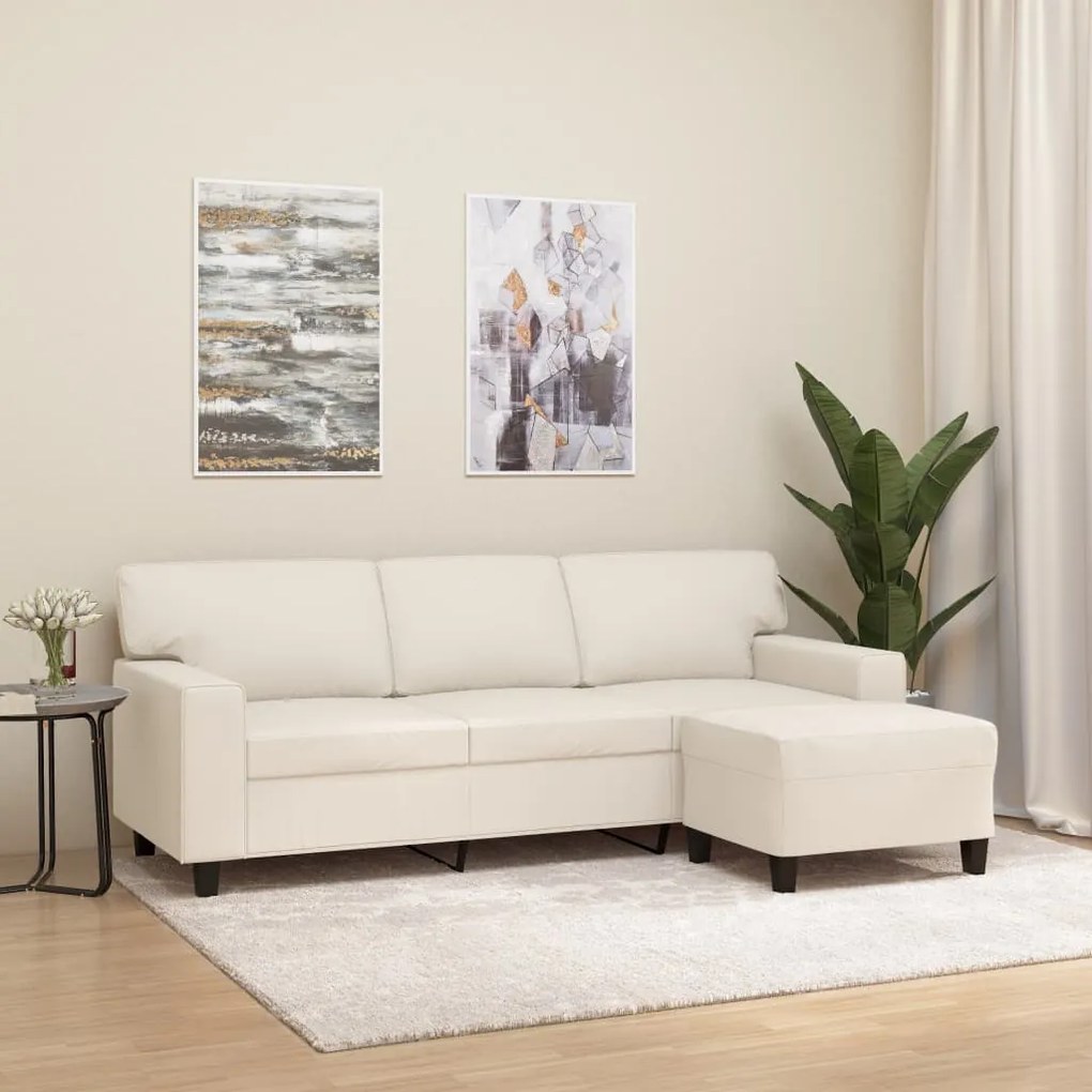 3153552 vidaXL Canapea cu 3 locuri și taburet, crem, 180 cm, piele ecologică
