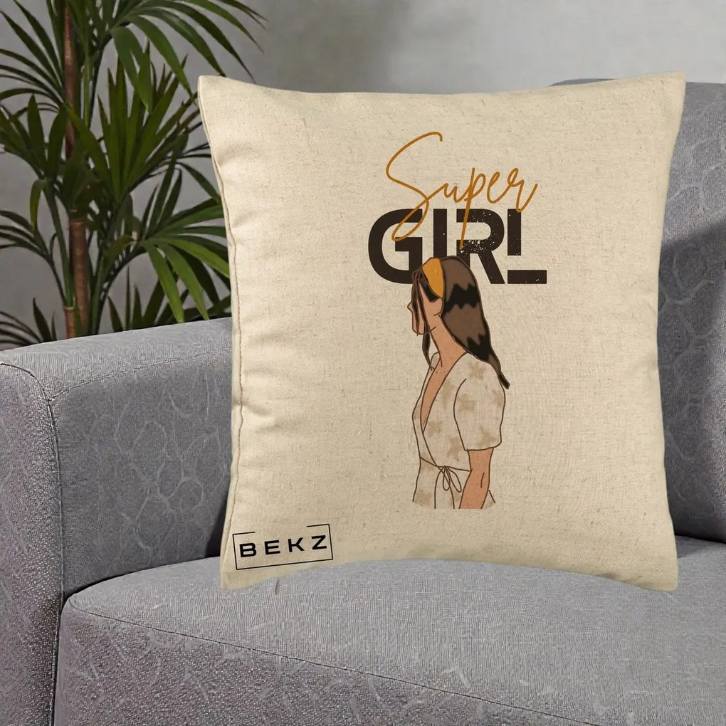 Perna Decorativa Super Girl Aesthetic, 40x40 cm, Bej, Husa Detasabila, Perna Inclusa, BEKZ®